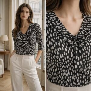 New Directions Petite PM Polka Dot Bow Blouse Black White Career